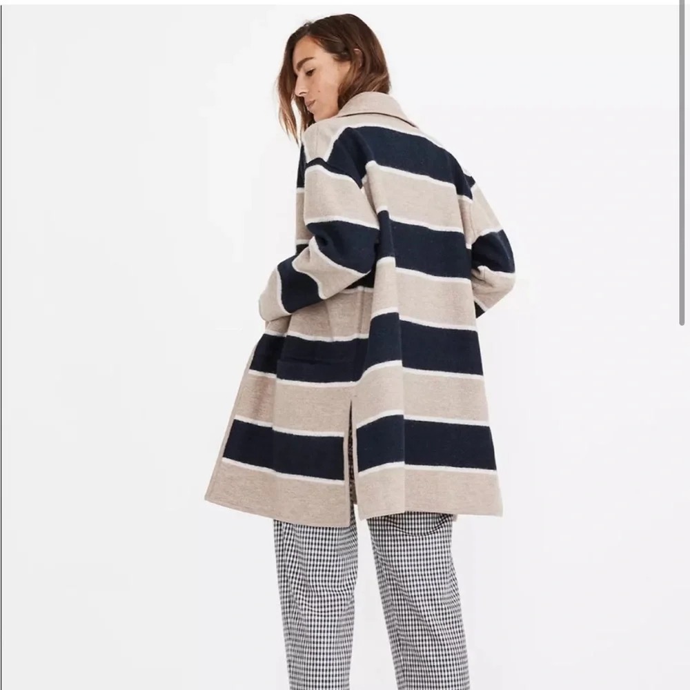 NWT Madewell Striped Ballard Sweater Coat | Merino Wool | Tan/Blue | Medium - Picture 2 of 5
